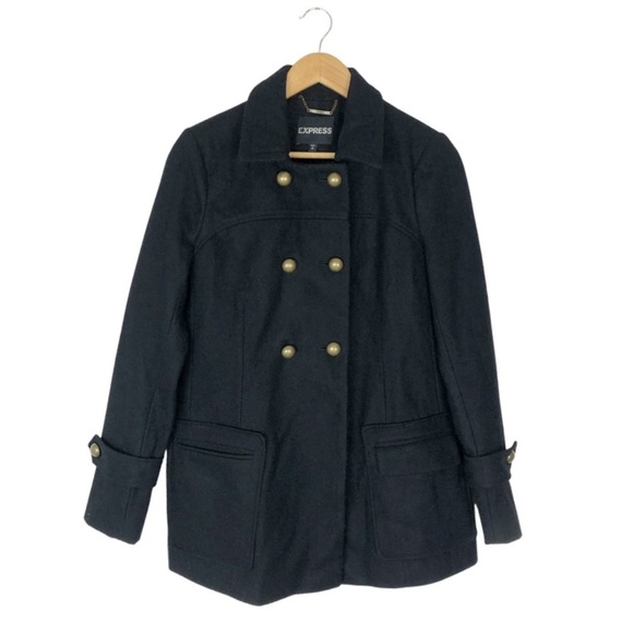 Express Women’s Black Rectangular Wool Blend Winter Cold Weather Preppy Pea Coat - Picture 3 of 16